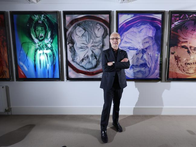 Melbourne businessman and art collector Joe Gersh with self-portraits by Sydney artist Mike Parr. Mr Gersh is thinking of selling the art works after Mike Parr showed lack of empathy for Jewish people in a performance piece in Melbourne.  PictureL Alex Coppel.