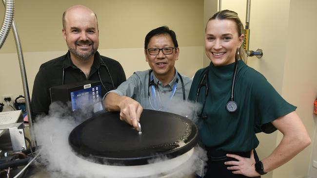 Townsville Hospital and Health Service haematologist and medical director of cancer services Dr Andrew Birchley, director of haematology Dr Hock-Choong Lai and haematology oncology staff specialist Dr Jane Royle. The Miles Labor Government is bringing a revolutionary new treatment of blood cancer patients to Townsville – the first regional city in Australia to receive the capability. Picture: Supplied