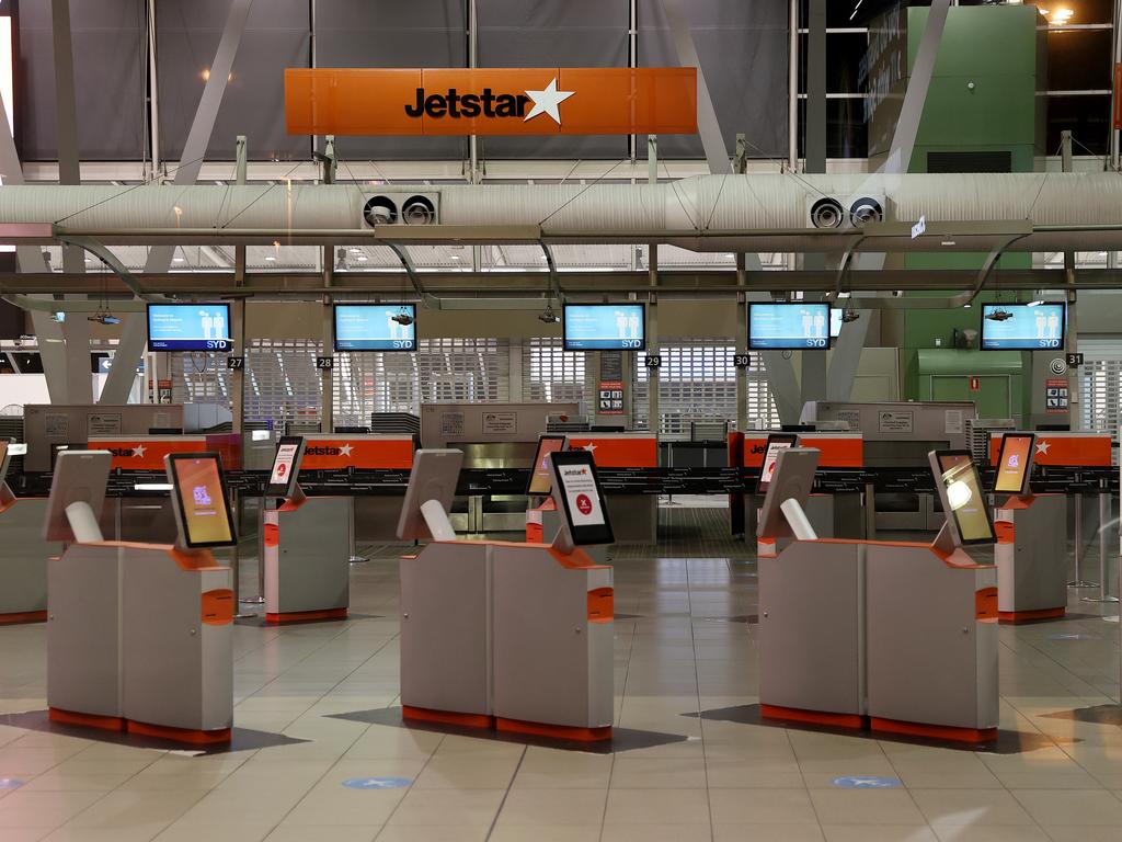 Sydney Airport resembles a ghost town as Sydney enters its 8th week of lockdown due to the Covid-19 pandemic. The entrance to Terminal 2, the Virgin, Rex and Jetstar terminal. Picture: Toby Zerna