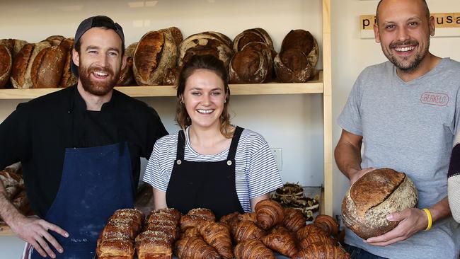 Tom Eadie with Isabelle Crane and Matt Durrant at Berkelo Bakery. Picture: Annika Enderborg