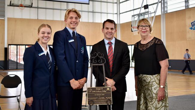 Faith Lutheran College, Plainland, Captains Ashleigh Dargusch and Finn Gehrke with Principal Doug Braiden and former principal Janelle Anderson. Photo: Hugh Suffell.