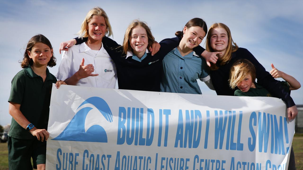 Ashton Schram, Noah Clifford, Quinn Currie, Zarli Schram, Scarlett Currie and Donovan Currie were excited at the prospect of a new swimming pool in Torquay. Picture: Peter Ristevski