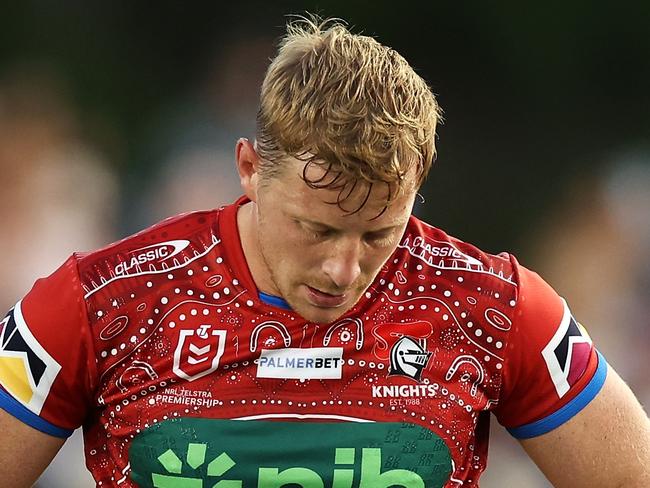 COFFS HARBOUR, AUSTRALIA - MAY 20: Lachlan Miller of the Knights looks dejected after defeat during the round 12 NRL match between Cronulla Sharks and Newcastle Knights at Coffs Harbour International Stadium on May 20, 2023 in Coffs Harbour, Australia. (Photo by Mark Kolbe/Getty Images)