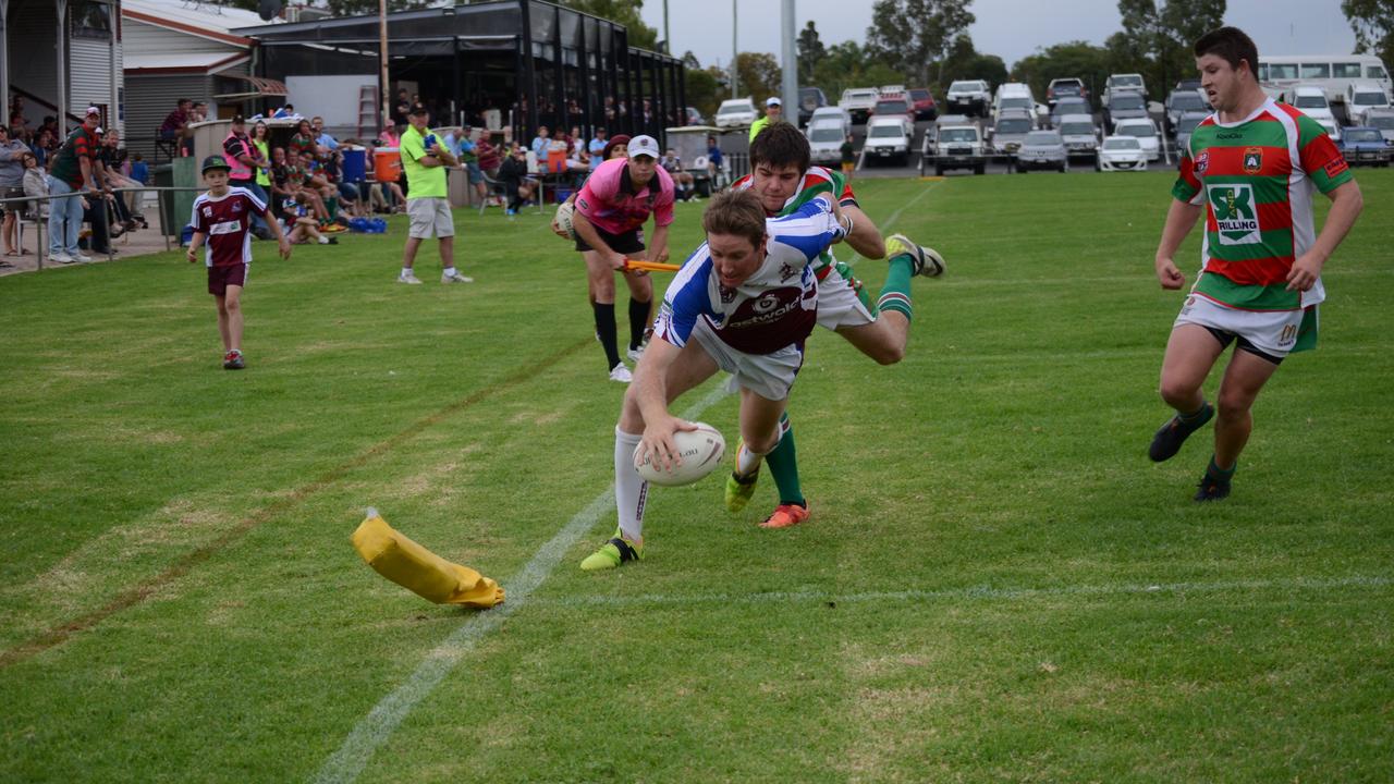 Brenton McMillan dives into the corner for a try against Pittsworth on Sunday afternoon. Photo Will Hunter / Dalby Herald