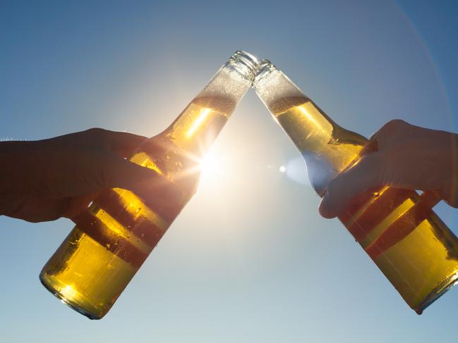 Hands holding beer toasting against sunset