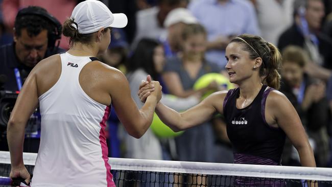 Ashleigh Barty and Lauren Davis after the match. Picture: AP