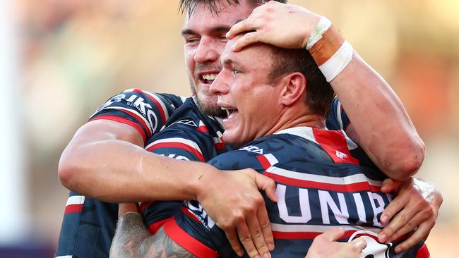 SYDNEY, AUSTRALIA - APRIL 25: Angus Crichton of the Roosters celebrates scoring a try with teammate Jake Friend of the Roosters during the round 7 NRL match between the Sydney Roosters and the St George Illawarra Dragons at the Sydney Cricket Ground on April 25, 2019 in Sydney, Australia. (Photo by Cameron Spencer/Getty Images)