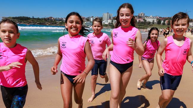 ** HOLD FOR HEALTH OF THE NATION JAN 2024**Bondi Nippers, Benji Donald, 8, Poppy Singh, 9, Harry Donald, 8, Milla Shemesh, 12, Abbie Shemesh, 9, and Owen Harvey, 9, at Bondi Beach, today.Picture: Justin Lloyd.