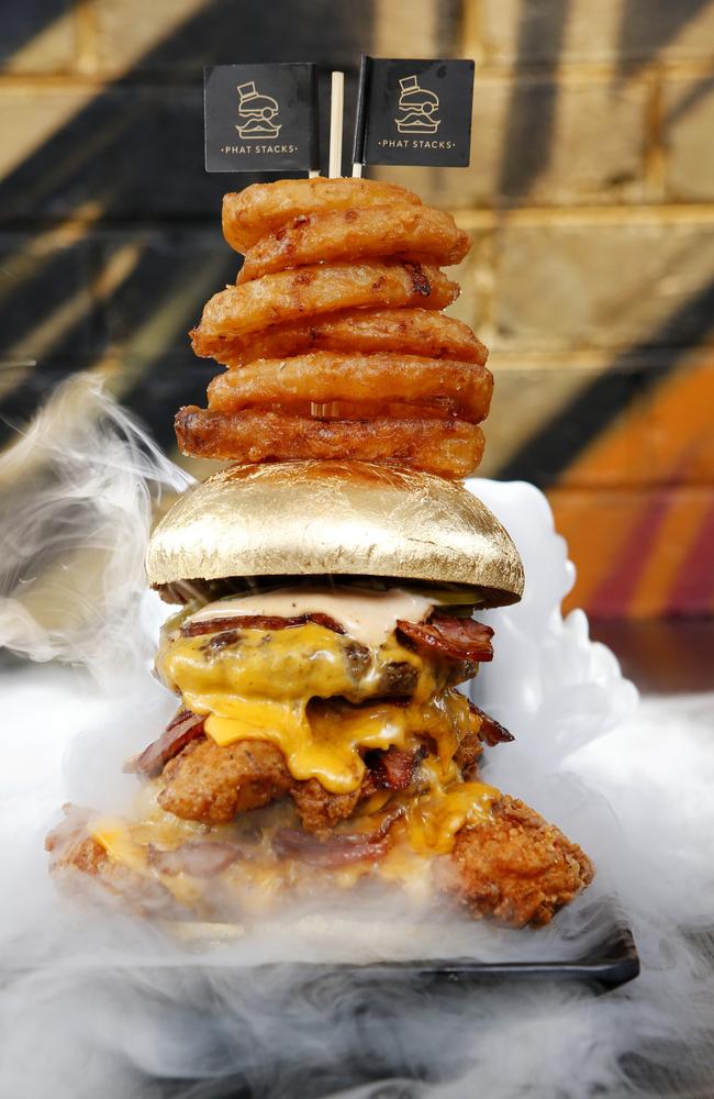 The unusual burger from Phat Stacks with a 24 carat bun. Picture: David Caird