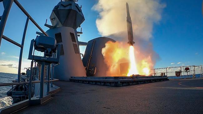 The HMAS Ballarat fires an Evolved Sea Sparrow Missile at sea.