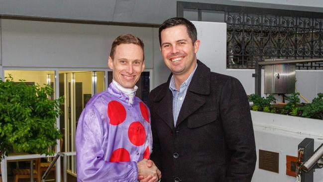 Jockey Todd Pannell and Michael Hickmott at Morphettville. Picture: Atkins Photography