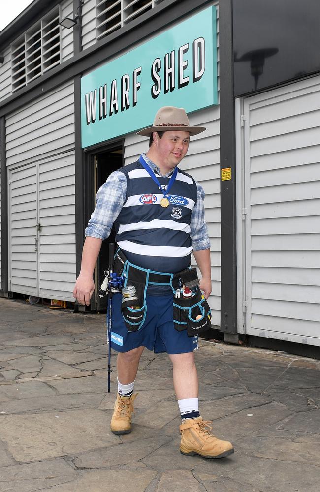 Sam Moorfoot arrives at the Geelong Cats official end of AFL season celebrations as Jeremy Cameron at Wharf Shed on September 26, 2022 in Geelong, Australia. Picture: Morgan Hancock