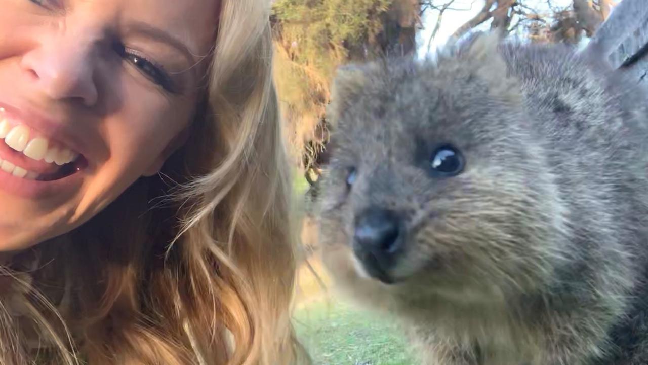 Minogue selfie with a quokka on Rottnest Island, Western Australia.