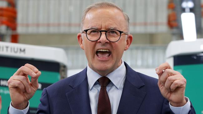 Anthony Albanese on the attack at Tritium e-technology manufacturers in Murarrie, Brisbane, on Tuesday. Picture: Toby Zerna