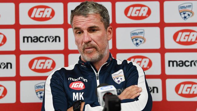 United head coach Marco Kurz speaks to the media at Coopers stadium on Thursday. Picture: AAP Image/David Mariuz