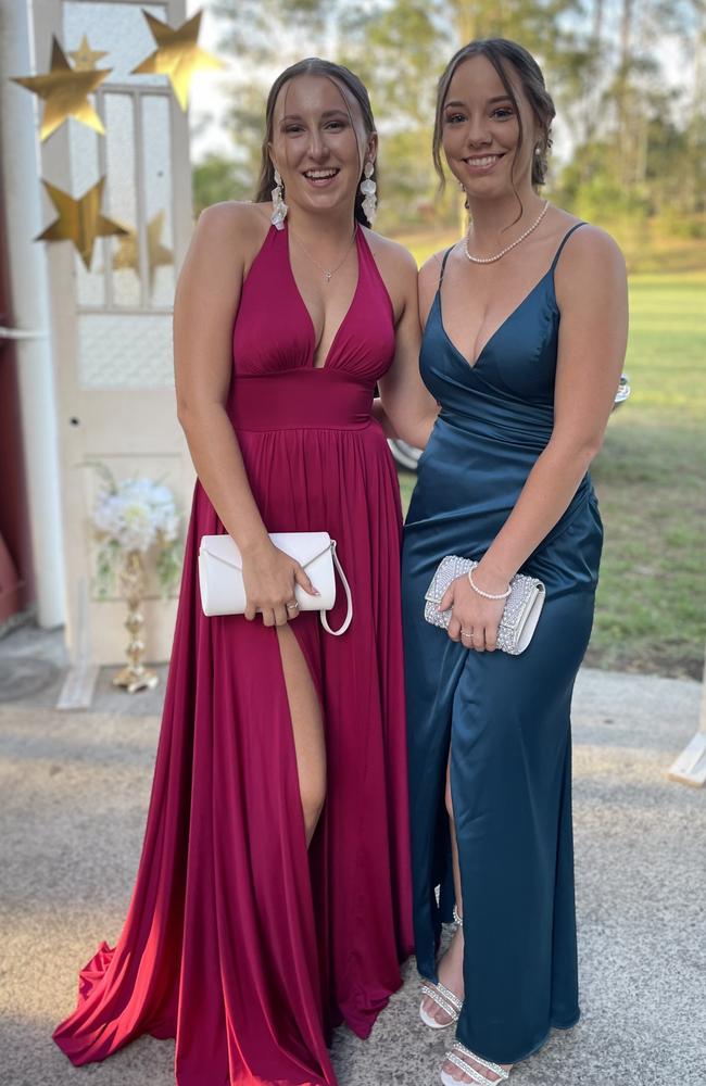 Felicity Long and Mikaela Oâ&#128;&#153;Connor arrive at the 2024 Gympie State High School graduation formal.