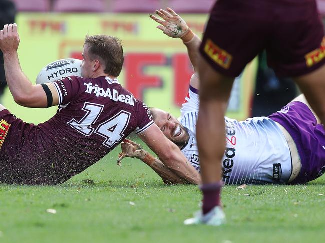 Eisenhuth scored his first try at Brookvale Oval. Picture: Brett Costello