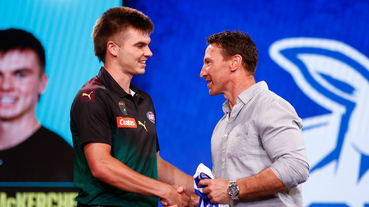 North Melbourne games record holder Brent Harvey presented Colby McKercher with his Kangaroos guernsey on draft night after the Tasmanian was selected with Pick 2. Picture: Michael Willson / Getty Images