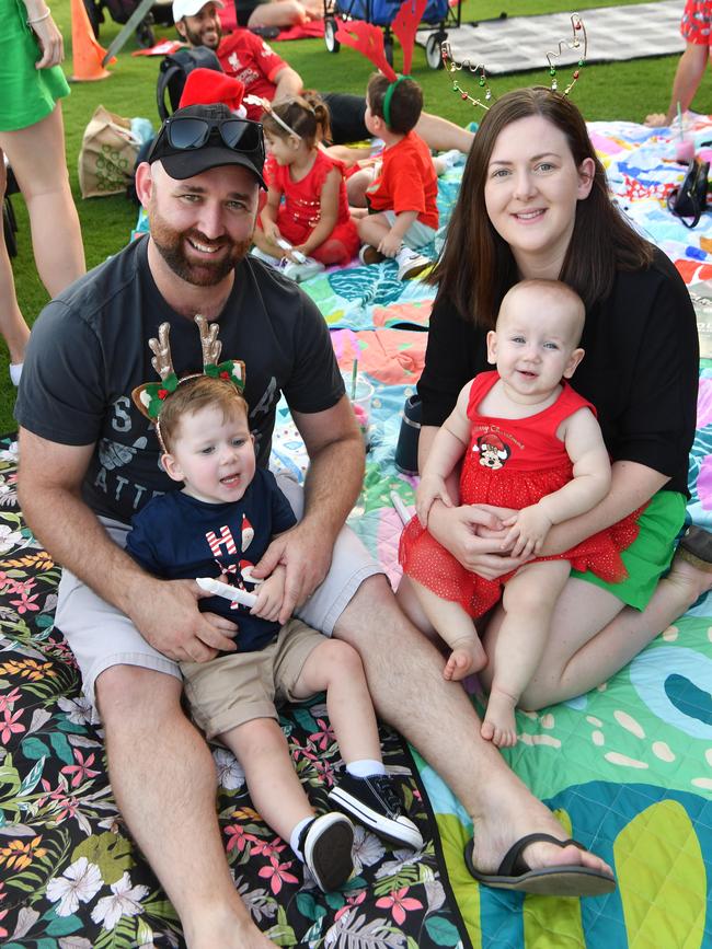 Carols by Candlelight at Riverway 2022. Brett and Carlie Newman with Harry, 2, and Hazel, 1. Picture: Evan Morgan