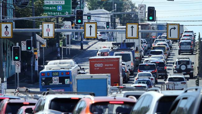 DAILY TELEGRAPH 30TH NOVEMBER 2023Pictured is commuter traffic coming off the Iron Cove Bridge on Victoria Road at Rozelle, heading in to the city.Traffic has been in chaos with commuters adapting to road changes since the opening of the Rozelle Interchange.Picture: Richard Dobson