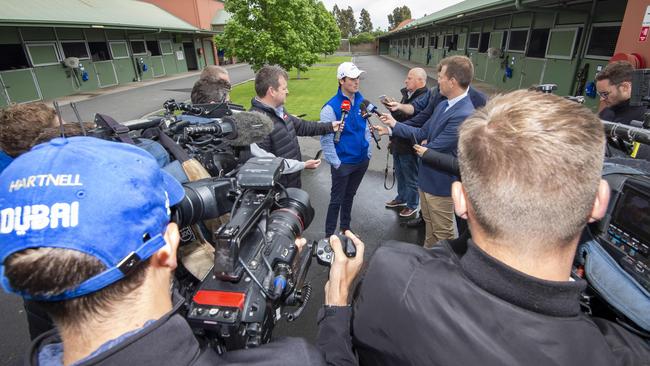 Trainer James Cummings speaks to media at Carbine Lodge at Flemington. Picture: Jay Town