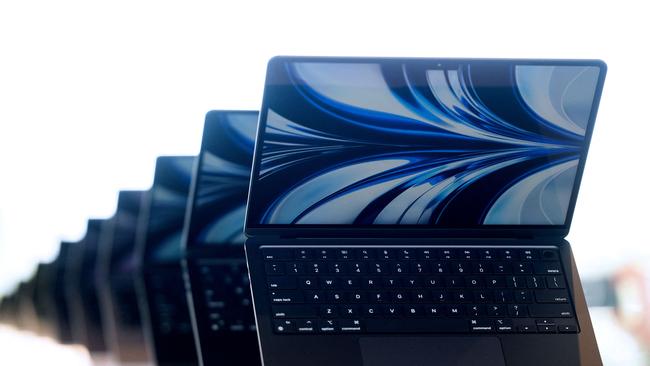 New MacBook Airs are displayed inside the Steve Jobs Theatre during the Apple Worldwide Developers Conference at the Apple Park campus in Cupertino, California. Picture: AFP