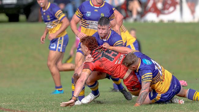 Jacob Kernick taken to ground in a tackle. Picture: DC Sports Photography