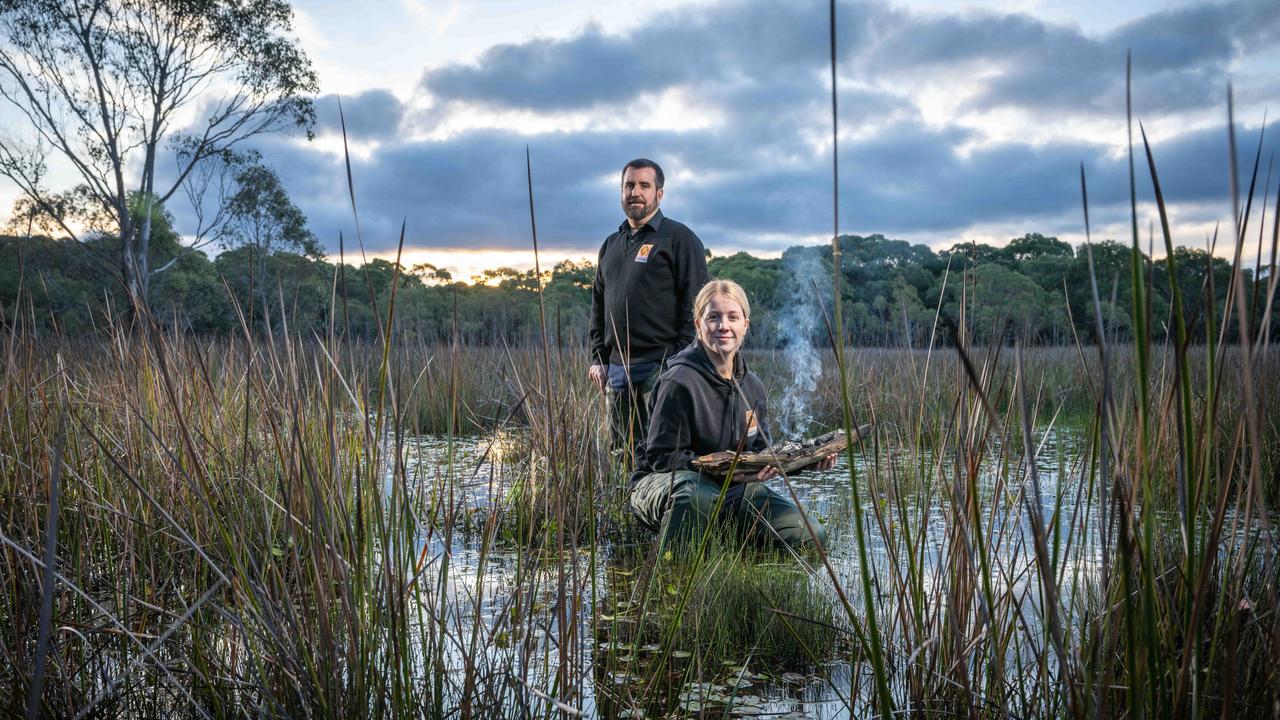 Wadawurrung Woman and WTOAC Water Officer Claire Mennen with WTOAC Water Officer Jayden Wooley at the rejuvenated Durdidwarrah Wetlands near Anakie. Picture: Brad Fleet