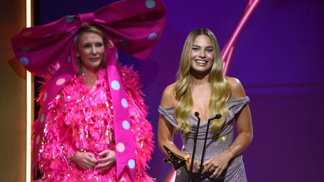 Margot Robbie accepts the AACTA Trailblazer Award from Cate Blanchett during the 2024 AACTA Awards Presented by Foxtel Group at HOTA (Home of the Arts) on the Gold Coast. (Photo by Jono Searle/Getty Images for AFI)