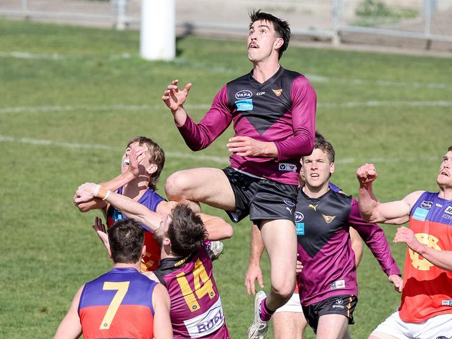 VAFA Premier B elimination final at Piranha Park, Coburg, September 4. Noah Gown of Old Haileybury takes a mark.Picture : George Salpigtidis