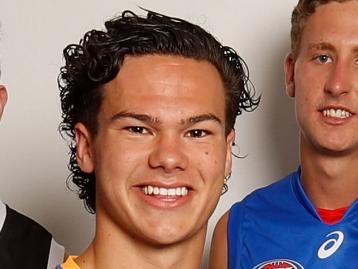 SYDNEY, AUSTRALIA - NOVEMBER 24: 2018 top 10 draftees Cam Rayner, Andrew Bradshaw, Paddy Dow, Luke Davies- Uniackle, Adam Cerra, Jaidyn Stephenson, Hunter Clark, Nick Coalfield, Aaron Naughton and Lachine O'Brien pose for a photo after the 2017 NAB AFL Draft at Sydney Showground on 24 November, 2017 in Sydney, Australia. (Photo by Adam Trafford/AFL Media) (Editors note: This image is free for editorial use only)