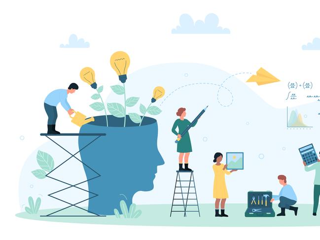 Exchange of knowledge, creative innovation in business community vector illustration. Cartoon tiny people work on growth of light bulbs, holding pencil and calculator to develop and upgrade ideas