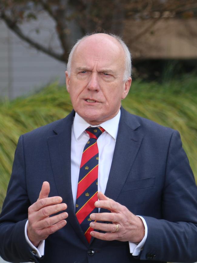 Transport Minister Eric Abetz speaks to the media at Parliament Square in Hobart on Thursday, August 15, 2024.