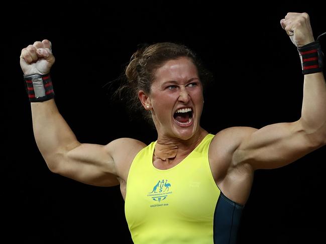 GOLD COAST, AUSTRALIA - APRIL 06:  Tia-Clair Toomey of Australia reacts after winning the gold medal during the Women's 58kg Weightlifting Final on day two of the Gold Coast 2018 Commonwealth Games at Carrara Sports and Leisure Centre on April 6, 2018 on the Gold Coast, Australia.  (Photo by Robert Cianflone/Getty Images)