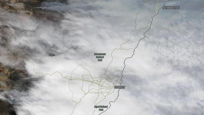 NASA aerial images of bushfire smoke covering the Sydney basin, Newcastle and Wollongong on December 6, 2019. Picture: NASA