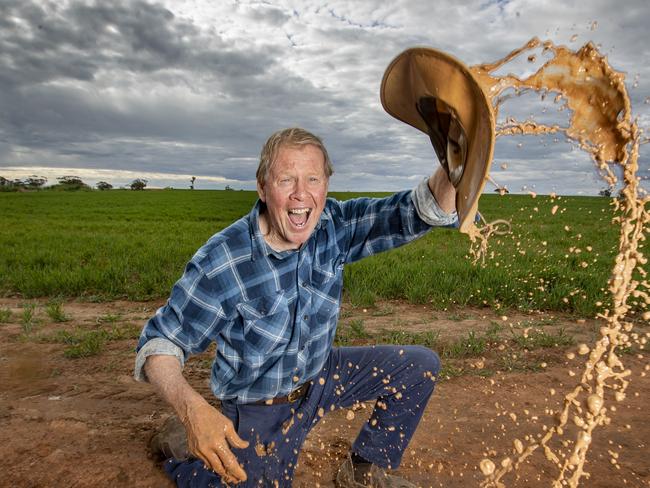 HOLD FOR THE Sunday Herald SUN PICTURE DESK----residents of Werrimul, west of Mildura in Victoria, are no longer in serious drought. Farmer Rad Kelly loving the saturating rain. Picture: Alex Coppel.