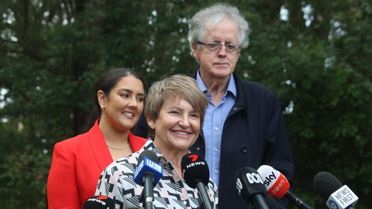 Lawyer Rhanee Rego (left), Robert Cavanagh (right), and Tracy Chapman (centre) revealed how Kathleen Folbigg spent her first night of freedom. Picture: NCA NewsWire/ Toni Fuller