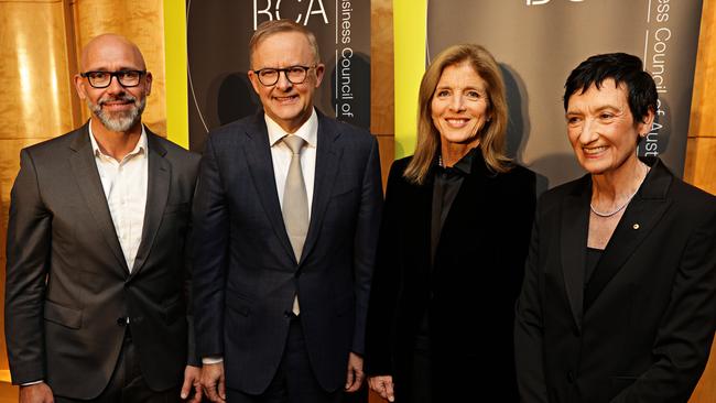 Tim Reed, BCA President, Prime Minsiter Anthony Albanese, US Ambassador Caroline Kennedy and Jennifer Westacott at the Business Council of Australia dinner earlier this year. Picture: Adam Yip
