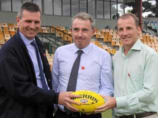 Lismore Council's general manager Gary Murphy, Member for Page Kevin Hogan and mayor Isaac Smith welcomed the fast tracking of $3M upgrade funding for Oakes Oval in April. Picture: ON THE BALL: Alison Paterson