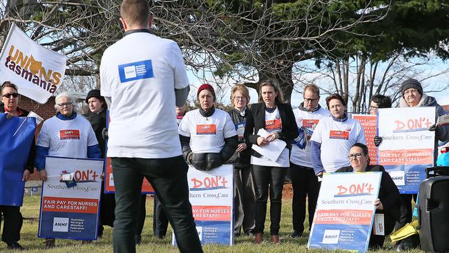 The Australian Nursing and Midwifery Federation (ANMF) Tasmanian Branch held a rally at Southern Cross Care's Rosary Gardens facility in New Town for all Southern Cross Care Tasmania (SCCT) staff, family, friends, and concerned members of the community, February 17, 2023. Picture: SAM ROSEWARNE