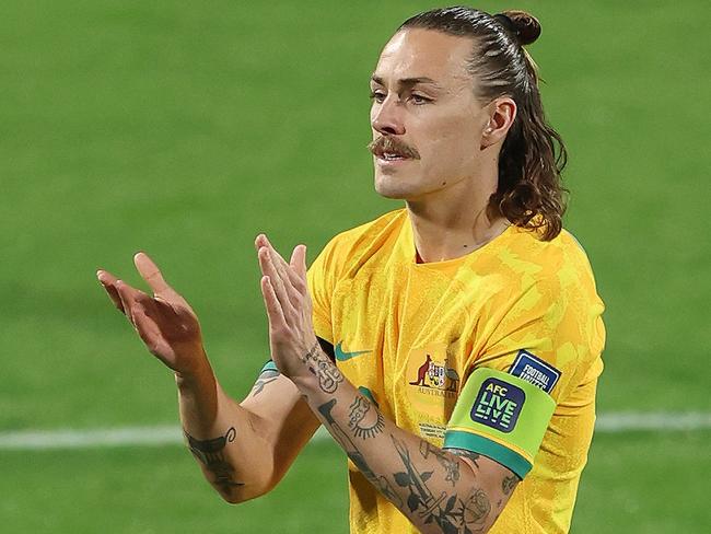 PERTH, AUSTRALIA - JUNE 11: Jackson Irvine of the Socceroos during the Second Round FIFA World Cup 2026 Qualifier match between Australia Socceroos and Palestine at HBF Park on June 11, 2024 in Perth, Australia. (Photo by Janelle St Pierre/Getty Images)