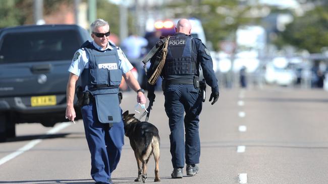 The dog squad was brought in after shooter Michael Rae fled the scene. He was arrested at a Bonny Hills caravan park 10 days later. Picture: Peter Lorimer