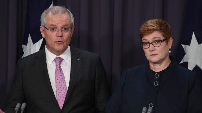 PM Scott Morrison and Foreign Affairs Minister Marise Payne speaking at a press conference at Parliament House in Canberra this morning. Picture: Kym Smith