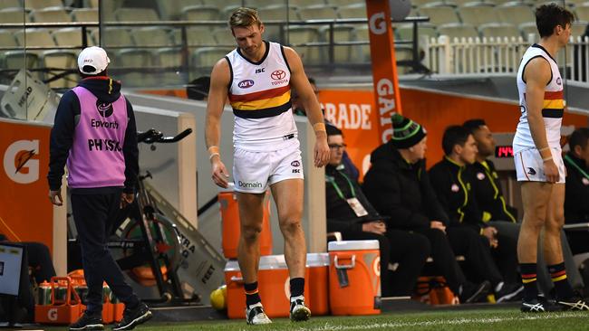 Crows key defender Daniel Talia is waiting on results of a scan to his injured foot — a medical test that will be critical in deciding the make-up of the Adelaide defence to handle Geelong key forward Tom Hawkins at Adelaide Oval on Thursday night. Picture: Julian Smith