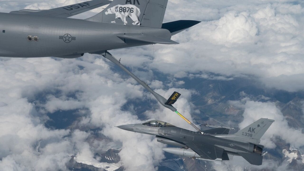 An US Air Force F-16 Falcon refuels during Operation Exercise Red Flag Alaska. Picture: Airman Carson Jeney/Supplied.