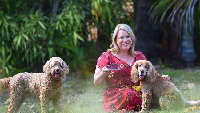 Former MP Natasha Griggs spends some time with her dogs Oscar and Toby ahead of her move to Christmas Island. Picture: PATRINA MALONE