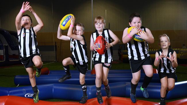 Junior footballers from across Adelaide are scheduled to begin their seasons this Sunday, including Salisbury Football Club players Cooper Slater, 7, Ayden Etheridge, 7, Lucy Ooyendyk, 8, Harry McGahey, 7, and Lucas Lucadei, 6. Picture: Mark Brake