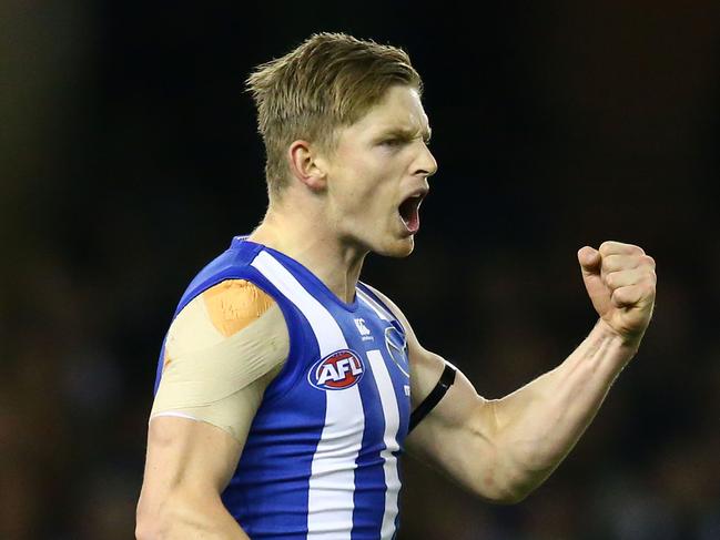 MELBOURNE, AUSTRALIA - MAY 21: Jack Ziebell of the Kangaroos celebrates after kicking a goal during the round nine AFL match between the North Melbourne Kangaroos and the Carlton Blues at Etihad Stadium on May 21, 2016 in Melbourne, Australia. (Photo by Scott Barbour/Getty Images)