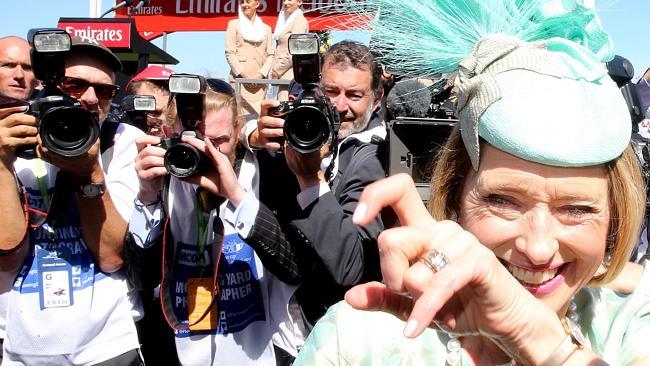 Gai Waterhouse with the press after her first Cup triumph. Picture: Wayne Ludbey