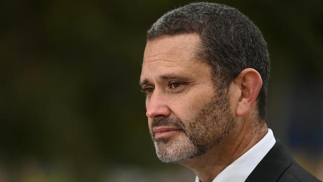 ADELAIDE, AUSTRALIA - NewsWire Photos August 1, 2023: Industrial Relations Minister Kyam Maher speaking at  a press conference in Victoria Square in regards to banning uncontrolled cutting of engineered stone. Picture: NCA NewsWire / Naomi Jellicoe